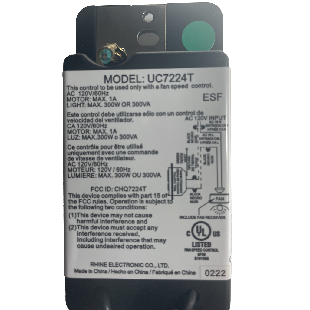 Substitute for Craftmade UC7224T/CHQ7224T WIRED Ceiling Fan Remote Control [UNVWALLKIT001]