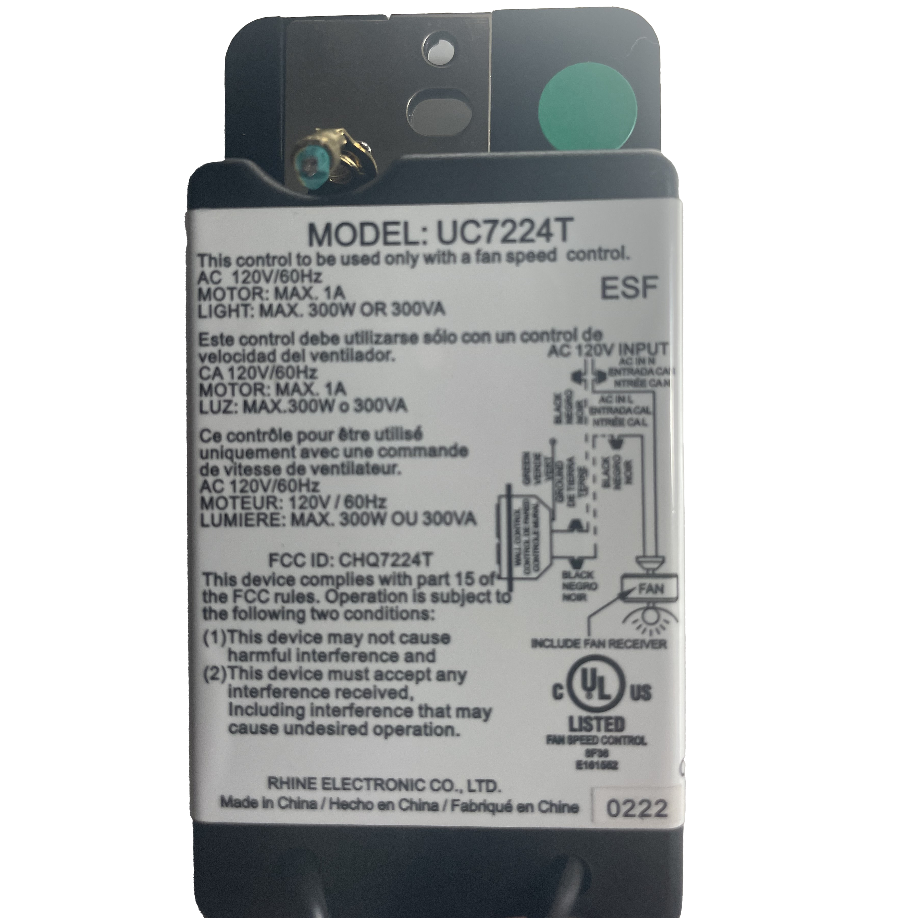 Substitute for Craftmade UC7224T/CHQ7224T WIRED Ceiling Fan Remote Control [UNVWALLKIT001]