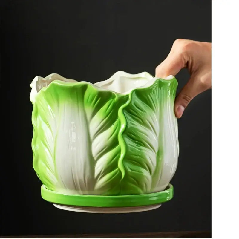 Creative green & white ceramic cabbage flowerpot – indoor garden basin