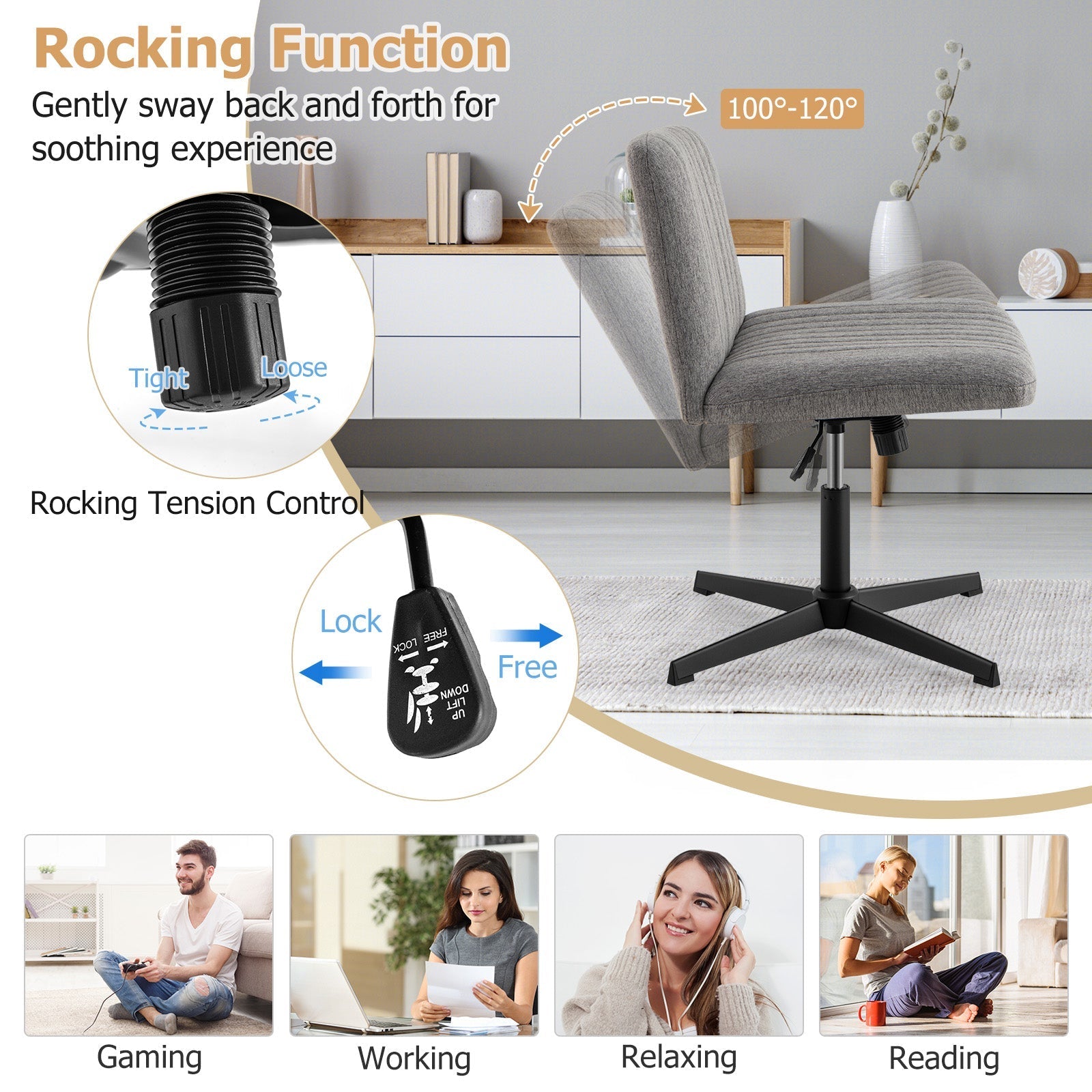 Criss Cross Legged Chair No Wheels 120¬∞ Rocking Adjustable Height