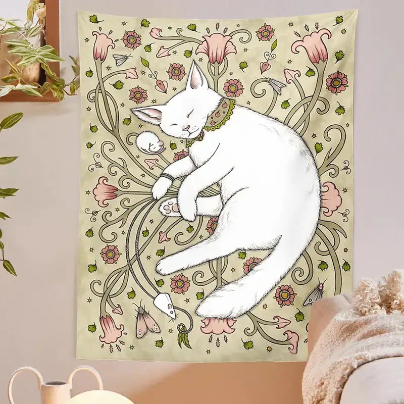 Cute cat botanical flower ins style cream tapestry bedroom wall art