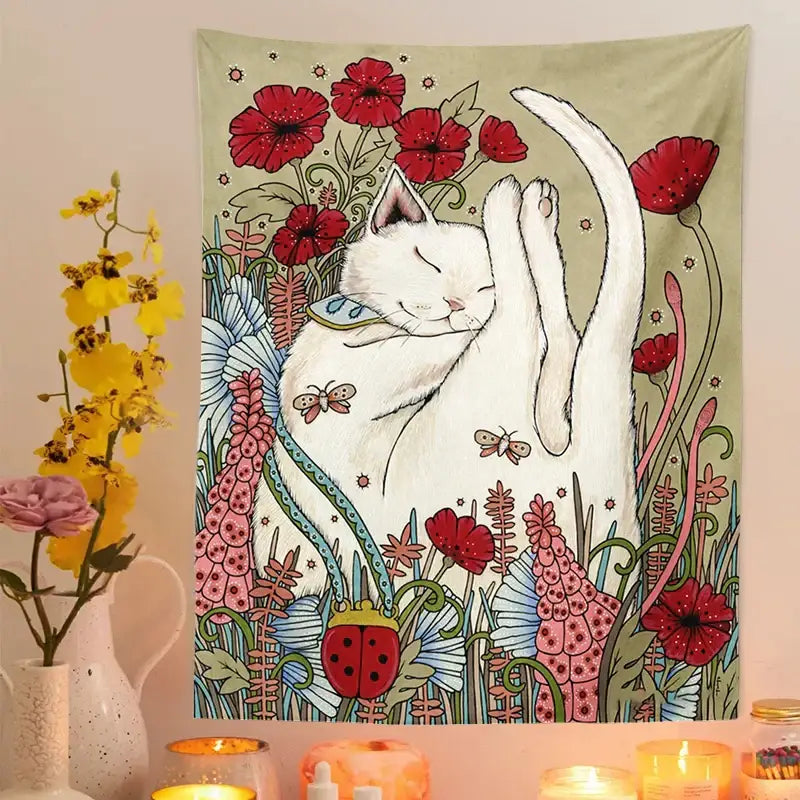 Cute cat botanical flower ins style cream tapestry bedroom wall art