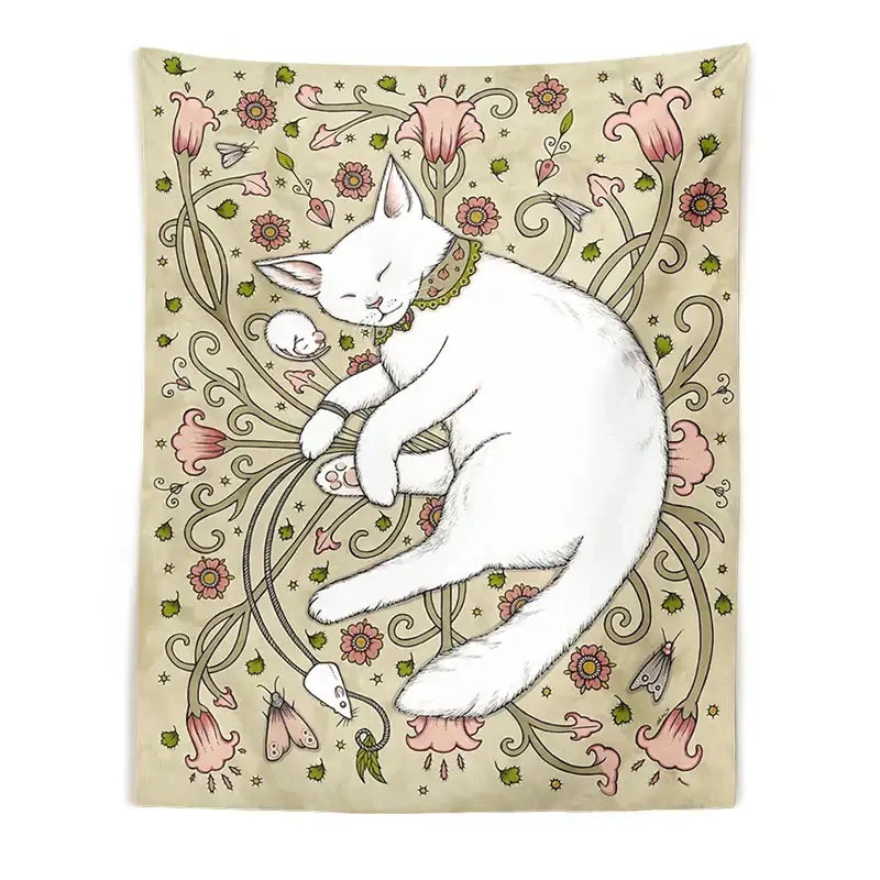 Cute cat botanical flower ins style cream tapestry bedroom wall art