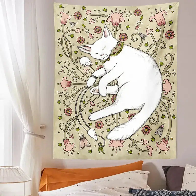 Cute cat botanical flower ins style cream tapestry bedroom wall art