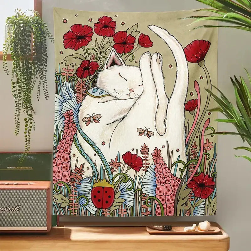 Cute cat botanical flower ins style cream tapestry bedroom wall art