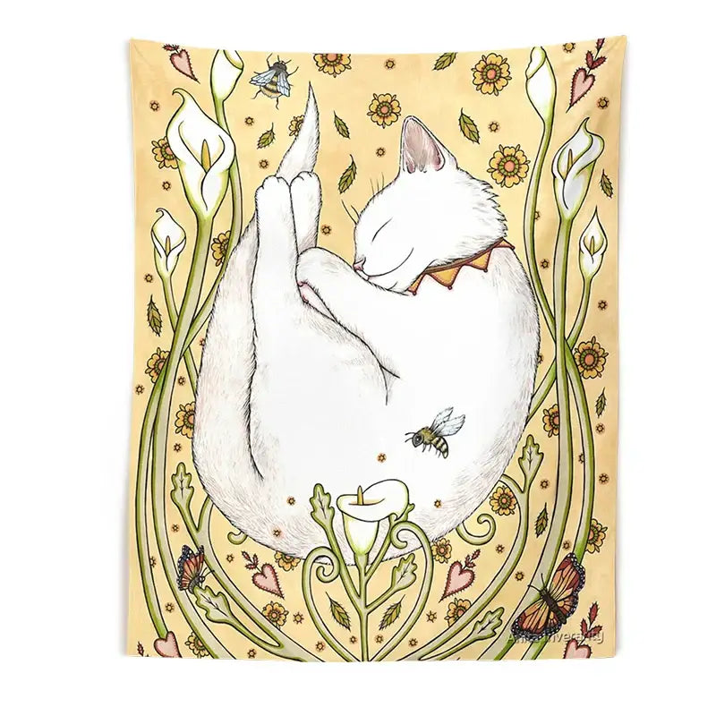 Cute cat botanical flower ins style cream tapestry bedroom wall art