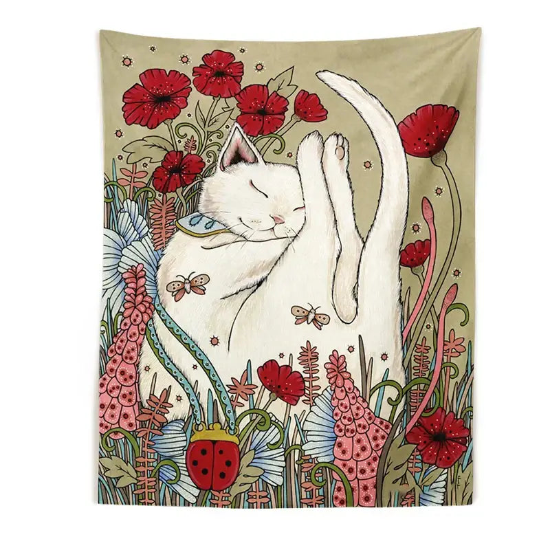Cute cat botanical flower ins style cream tapestry bedroom wall art