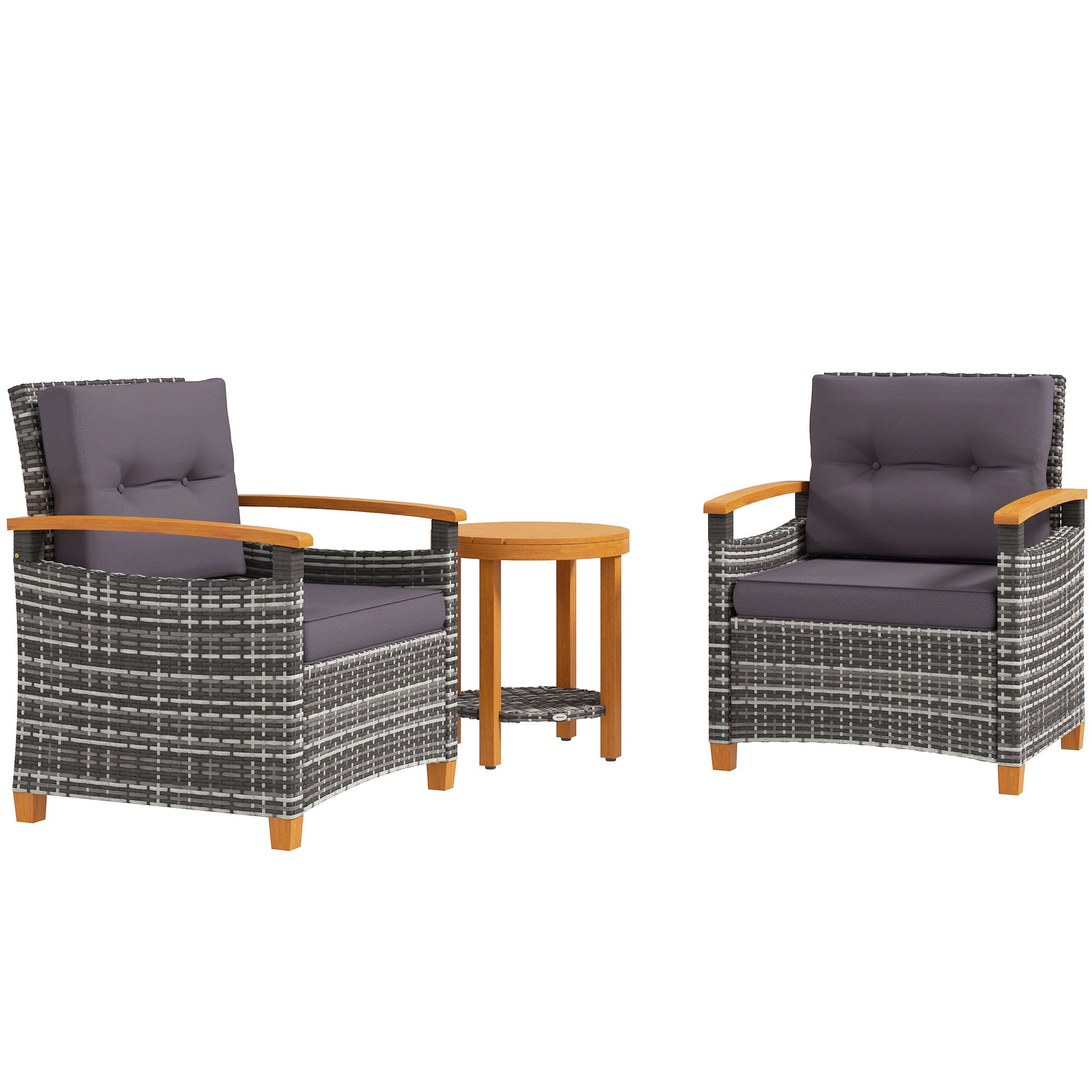 Outdoor Bistro Set PE Rattan Wood Frame Gray 3 Piece