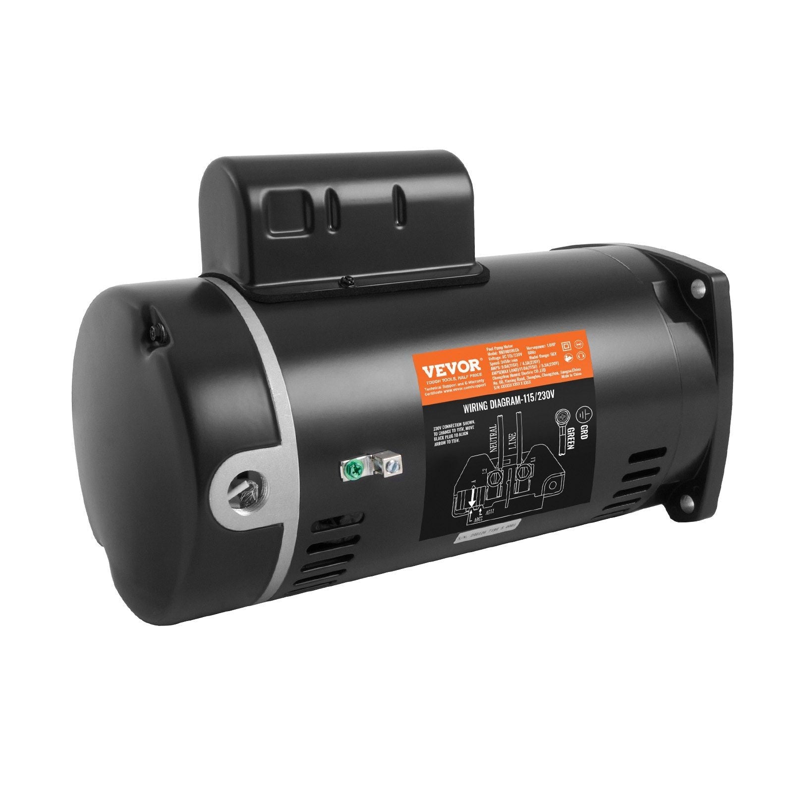 1 HP Pool Pump Motor, 56Y Frame, 115V(9 Amps)/230V(4.5 Amps) 3450RPM, 60Hz, 1.25 Service Factor, 90μF/250V Capacitor, CCW Rotation Square Flange Replacement Motor