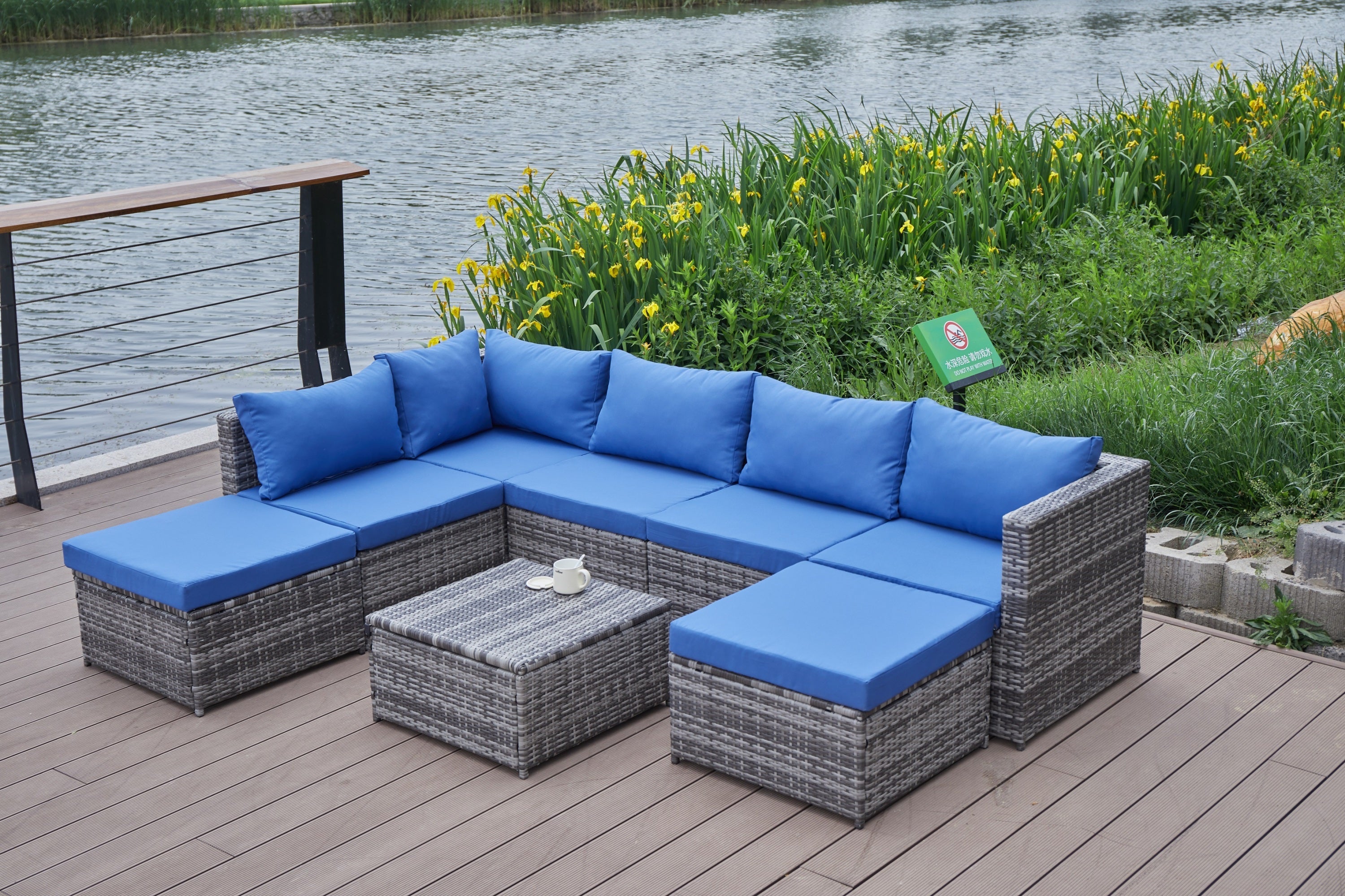 Outdoor Patio Sofa Set PE Rattan Blue Gray All Weather Steel Frame