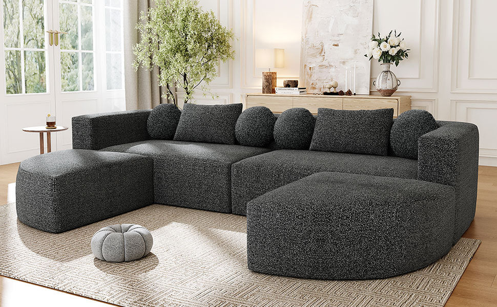 Sectional Sofa U-Shape Modular Boucle Black 6-Seat Deep Seating 114.9x64.5 In