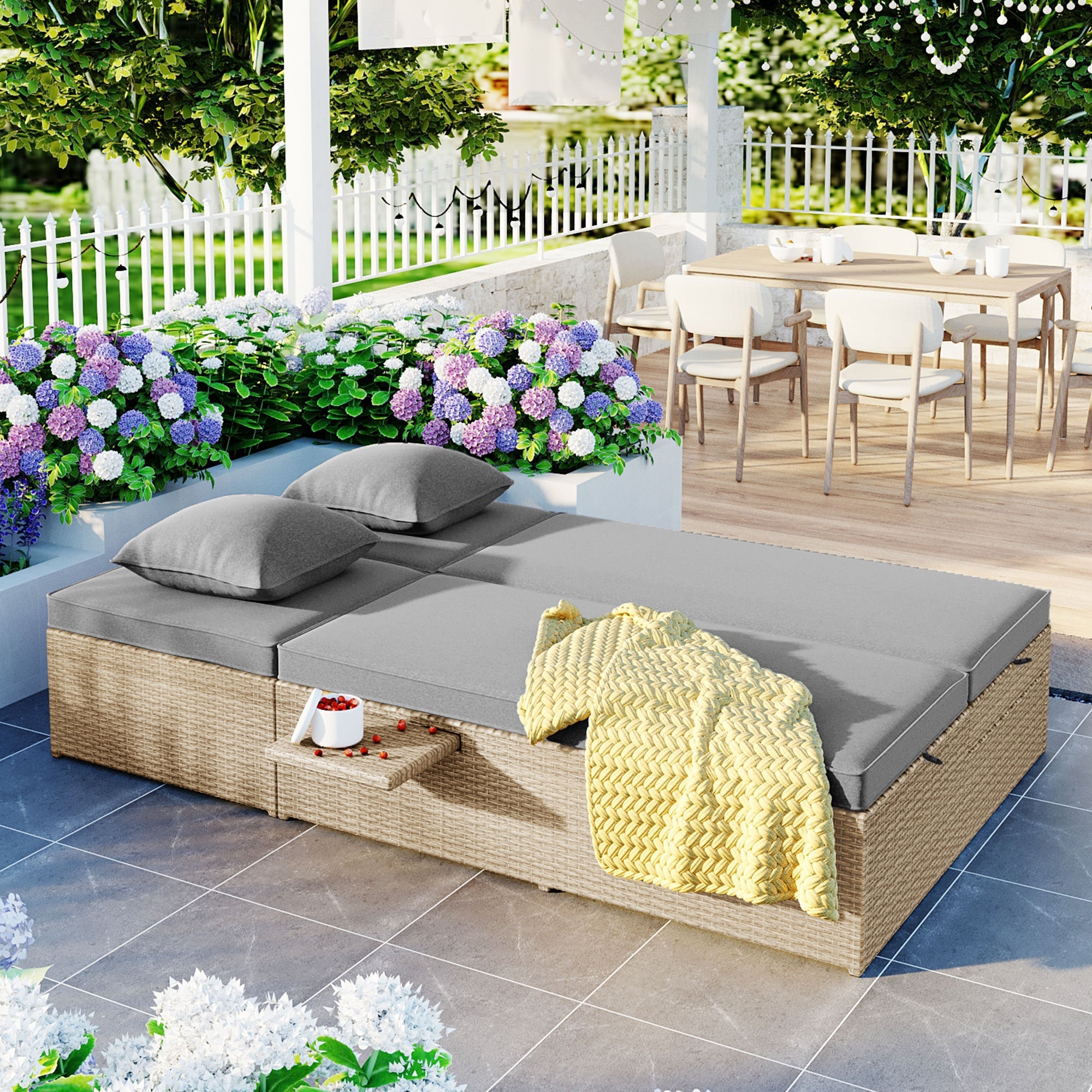 Outdoor Double Sunbed, Wicker Rattan Patio Reclining Chairs with Adjustable