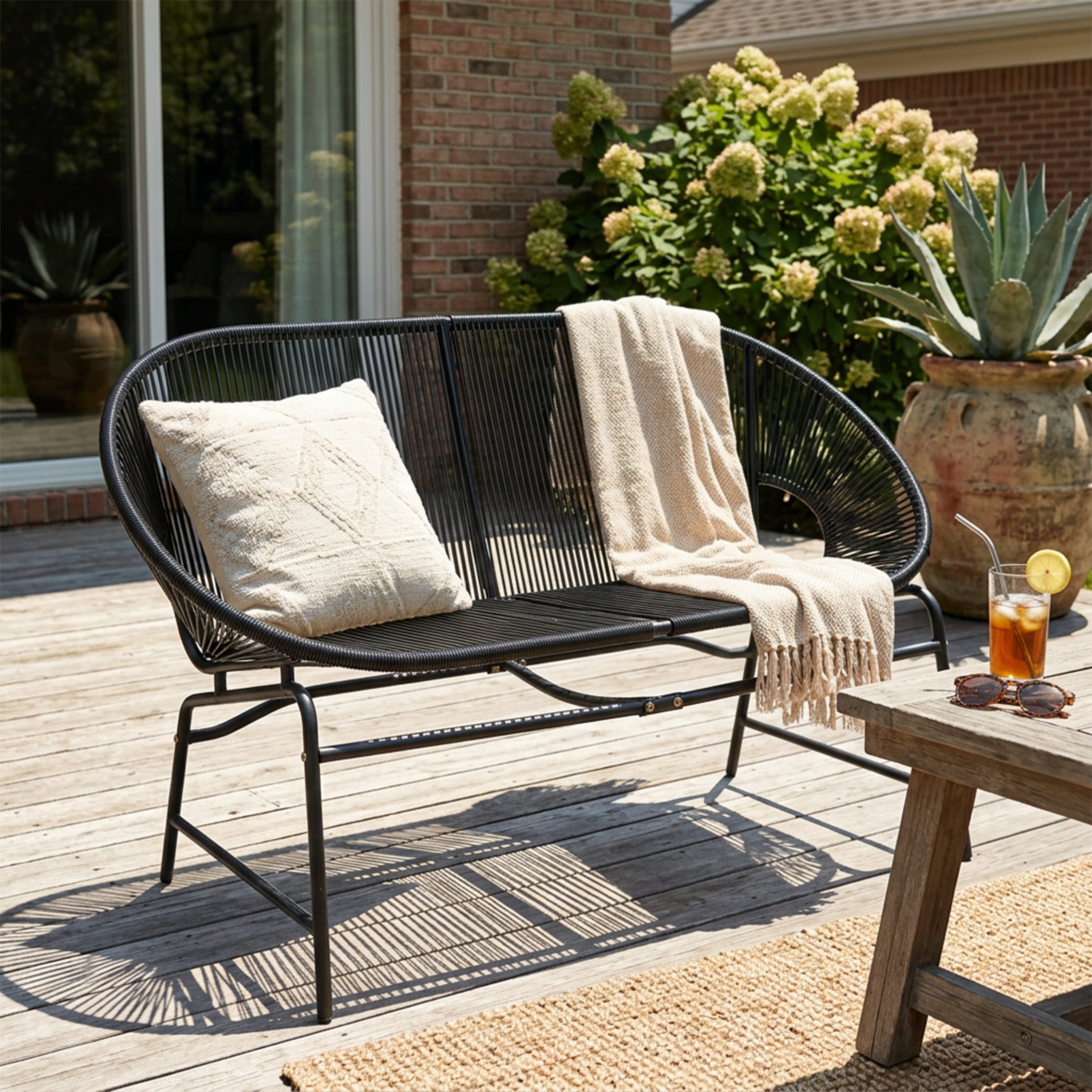 Outdoor Loveseat PE Rattan Iron Black UV Resistant No Cushion 52in
