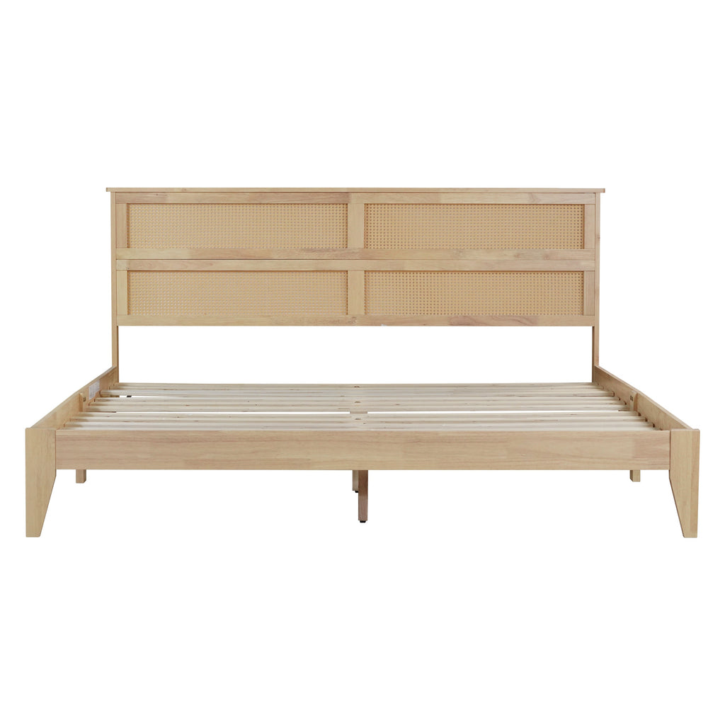 King Size Solid Wood Bed with Rattan Headboard, Rubber Wood Bed with Central