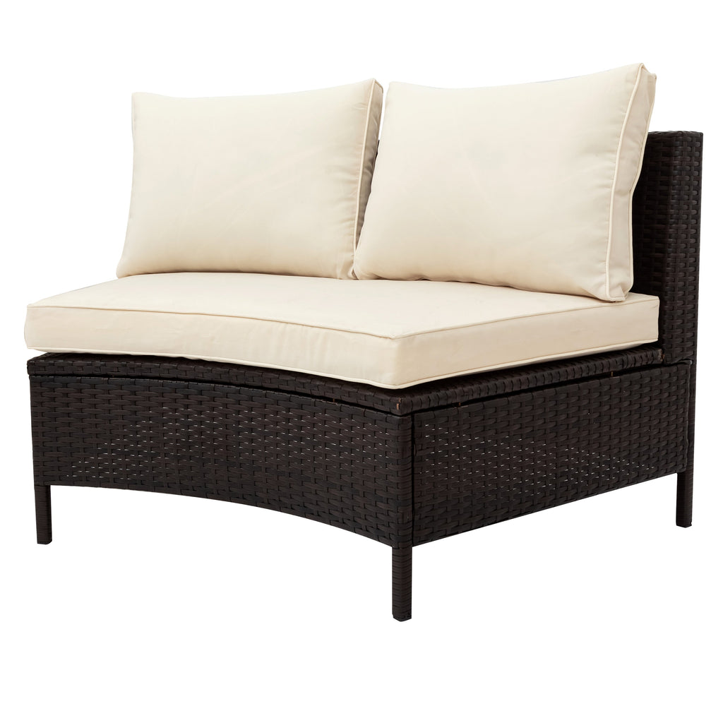 Outdoor Patio Set Half Moon PE Rattan Steel Beige 5 Piece Tempered Glass
