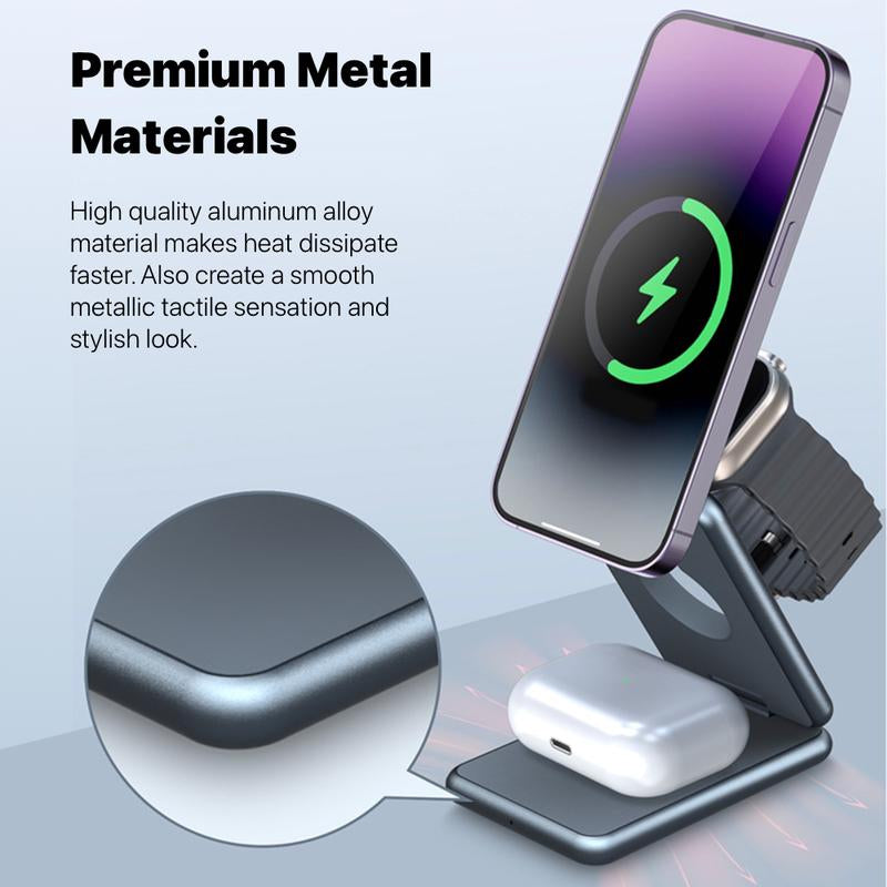 UNIQNOVA 3In1 Wireless Fast Charging Station for Iphone 17/16/15/14/13/12 Series, Airpods 3/2/Pro, Iwatch - Mag-Safe Metallic Foldable Charger Stand