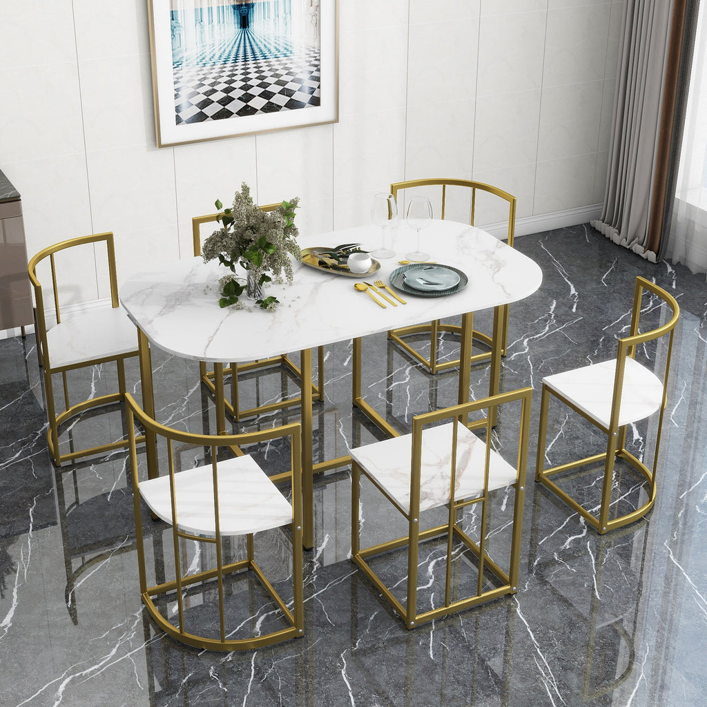 Modern 7-Piece Dining Table Set with Faux Marble Compact 55 In Kitchen Table Set for 6
