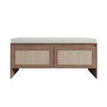 Storage Bench With Cushion, Shoe Cabinet With 2 Doors - Antique Natural / Rattan