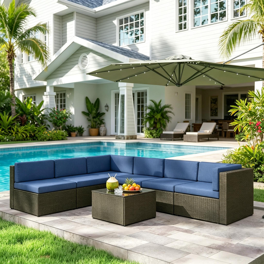 Outdoor Sectional Set PE Rattan Metal Dark Blue Black 7 Piece 264 LB