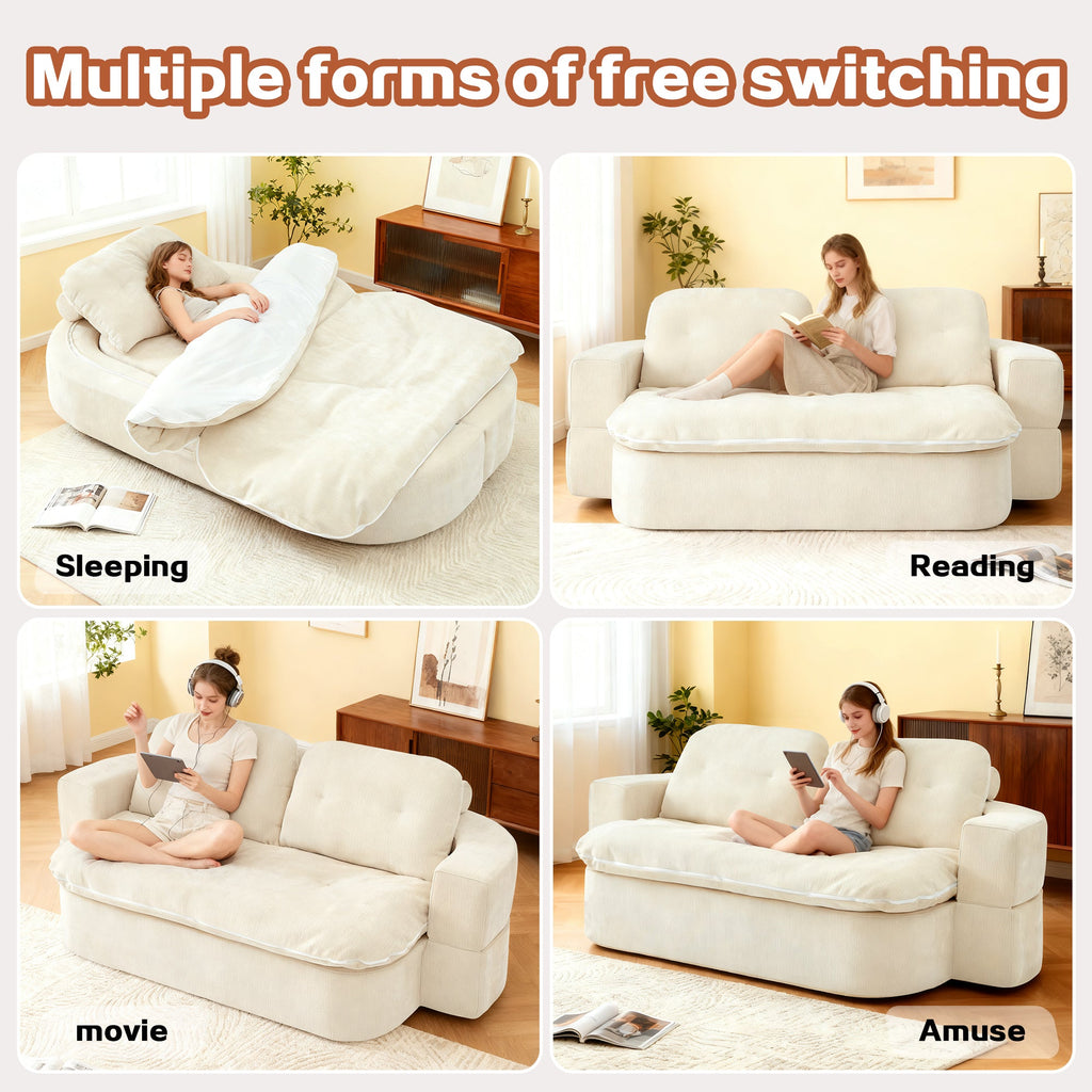 Sofa Bed Floor Modern Chenille Cream No Assembly 2 Pillows 78.7 In