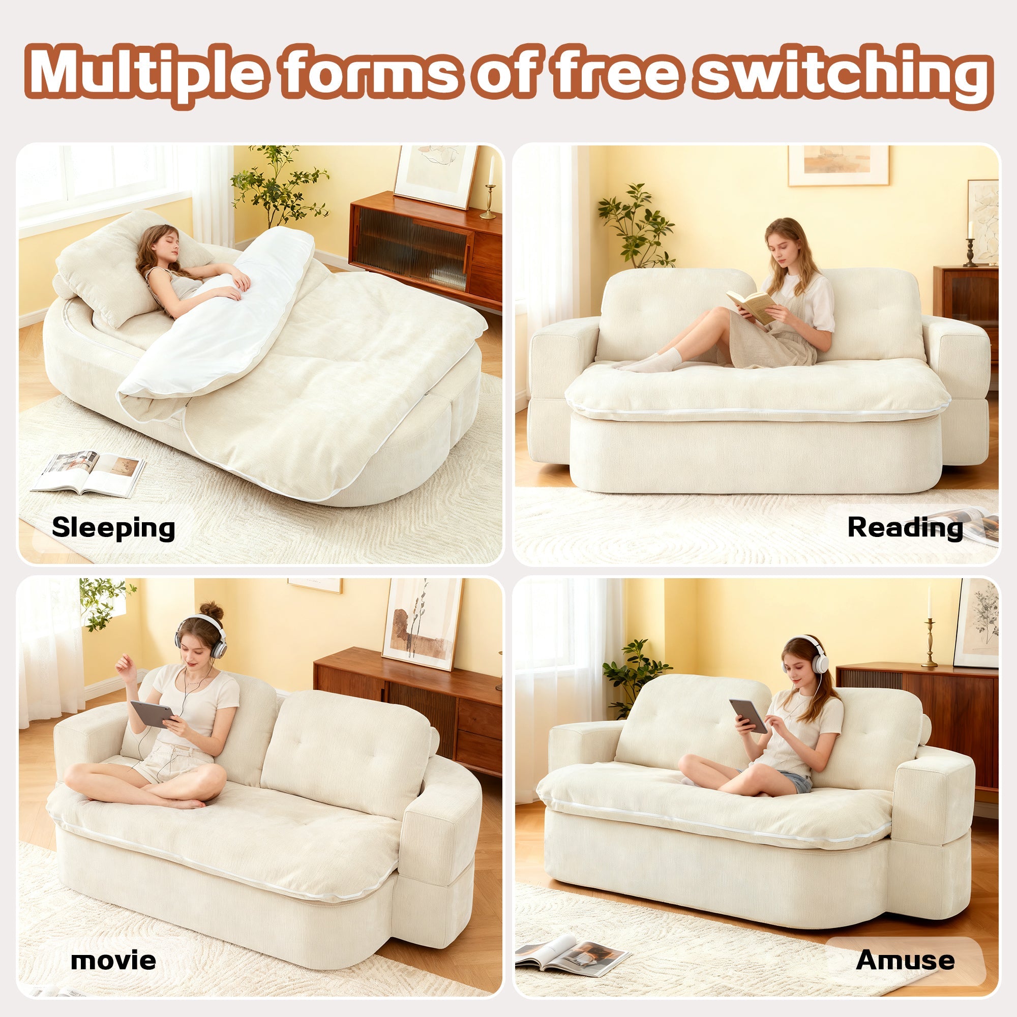 Sofa Bed Floor Modern Chenille Cream No Assembly 2 Pillows 78.7 In