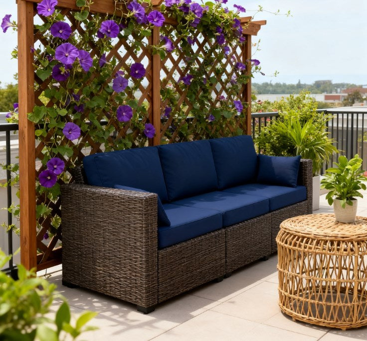 Outdoor Sofa Set PE Rattan Navy Blue 3 Seat Steel Frame 792 lb Capacity