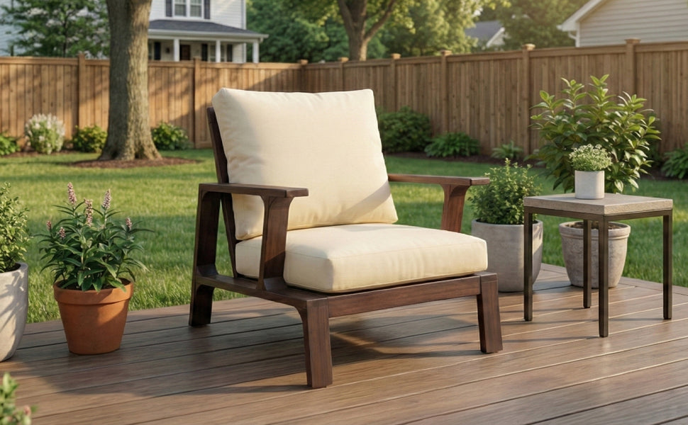 Outdoor Accent Chair Acacia Wood Dark Brown Beige Cushion 27.6in