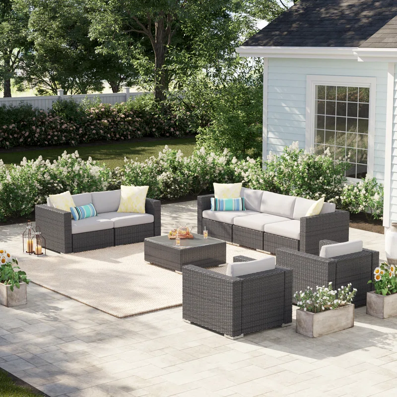7 Piece Outdoor Patio Wicker Sofa Set Gray