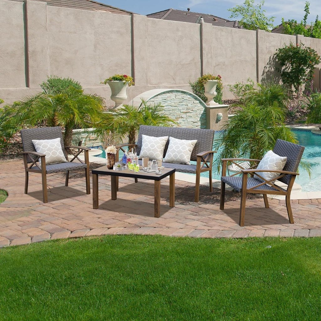 Outdoor Conversation Set Aluminum Woodgrain 4 Piece Sofa 2 Chairs Table