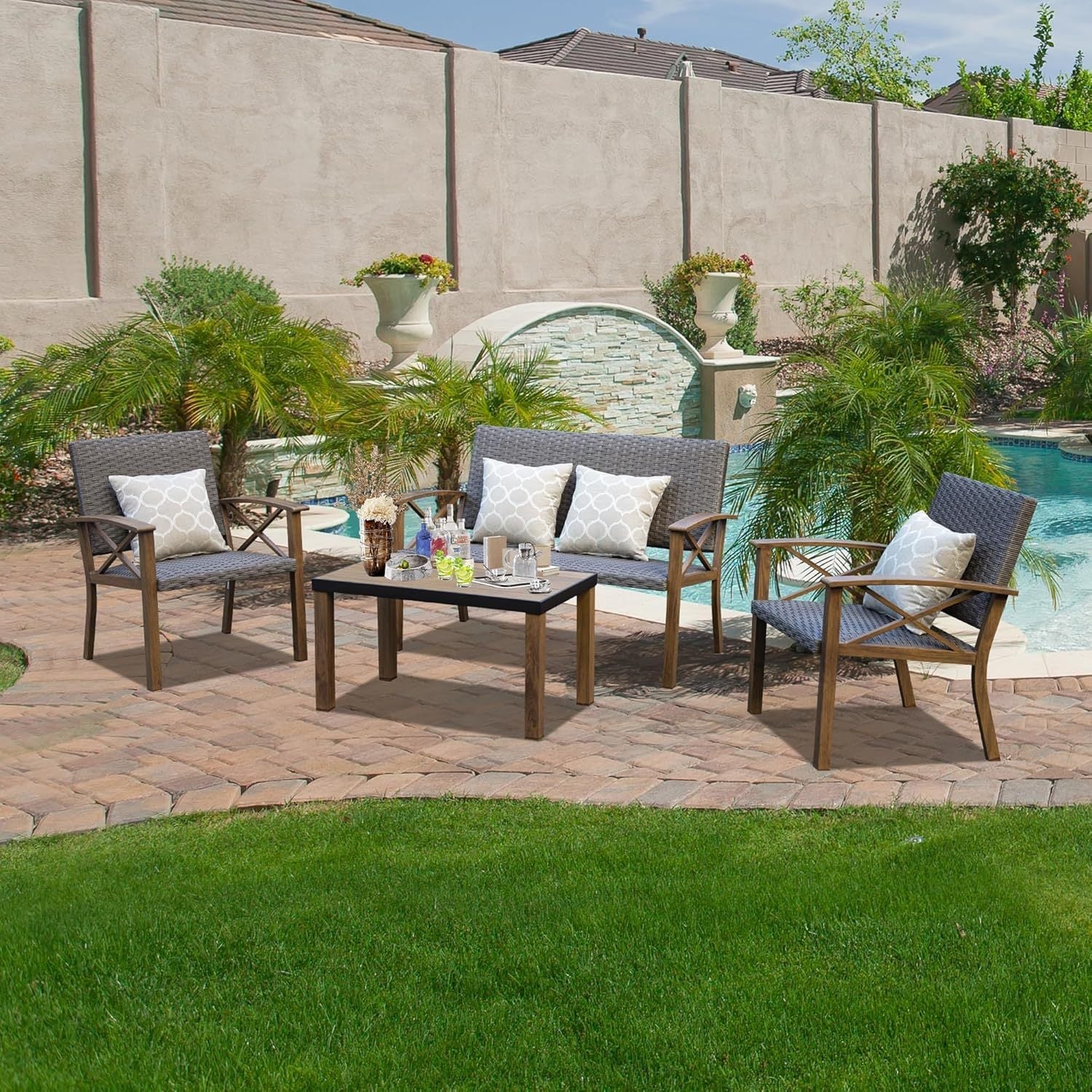 Outdoor Conversation Set Aluminum Woodgrain 4 Piece Sofa 2 Chairs Table