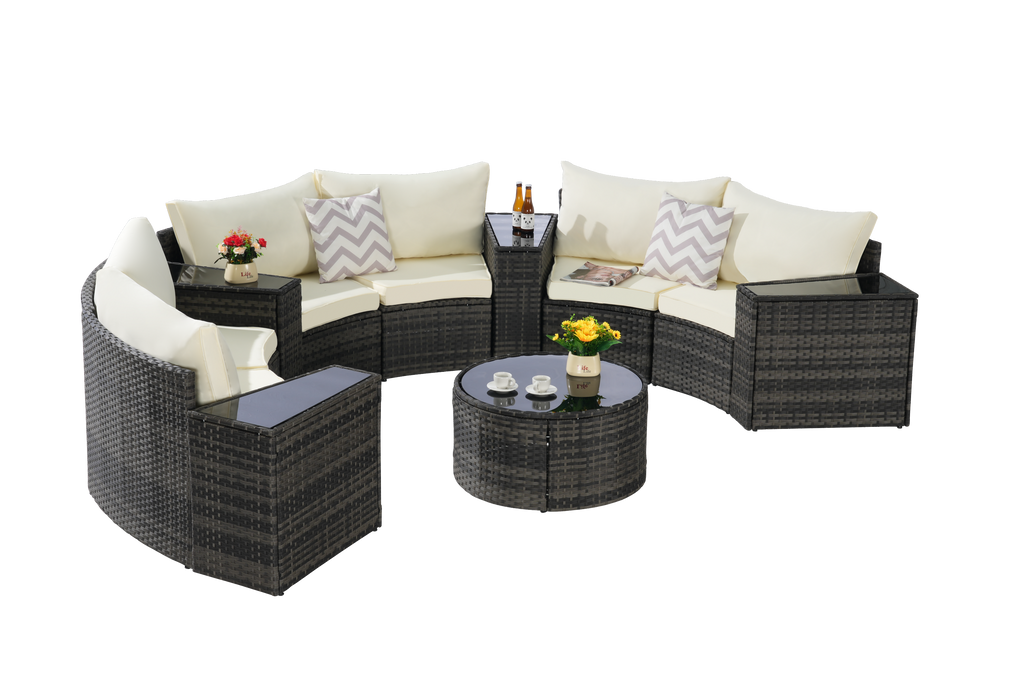 Outdoor Sectional Set PE Rattan Beige Half Moon 11pc