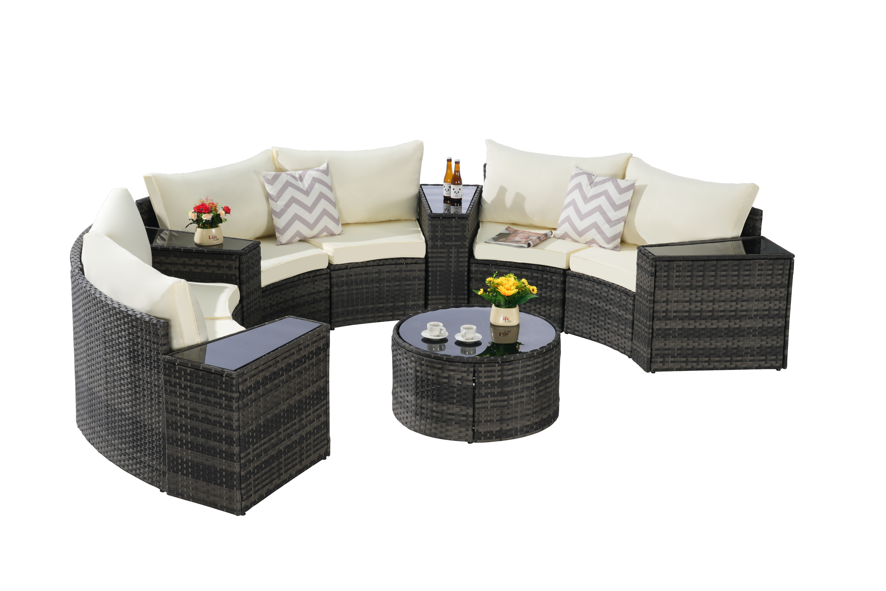 Outdoor Sectional Set PE Rattan Beige Half Moon 11pc