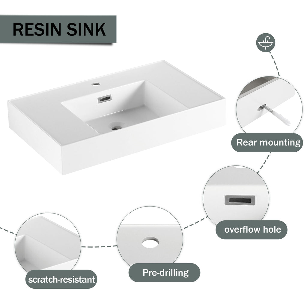 Modern Wall Mounted Bathroom Vanity With Resin Sink And 2 Side Cabinet, Imitative, Construction - Imitative Oak