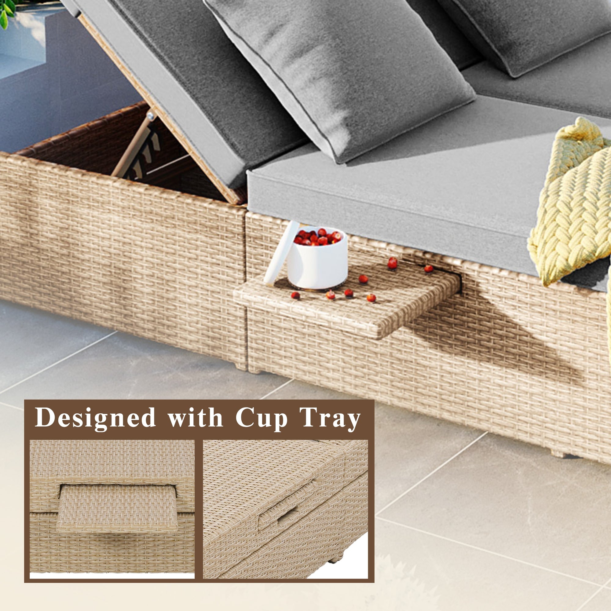 Outdoor Double Sunbed, Wicker Rattan Patio Reclining Chairs with Adjustable