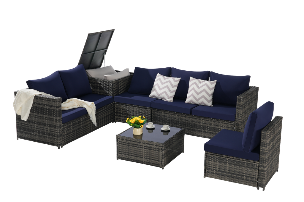 Outdoor Sectional Set PE Rattan Steel Dark Blue L-Shape 6 Piece Seats 8
