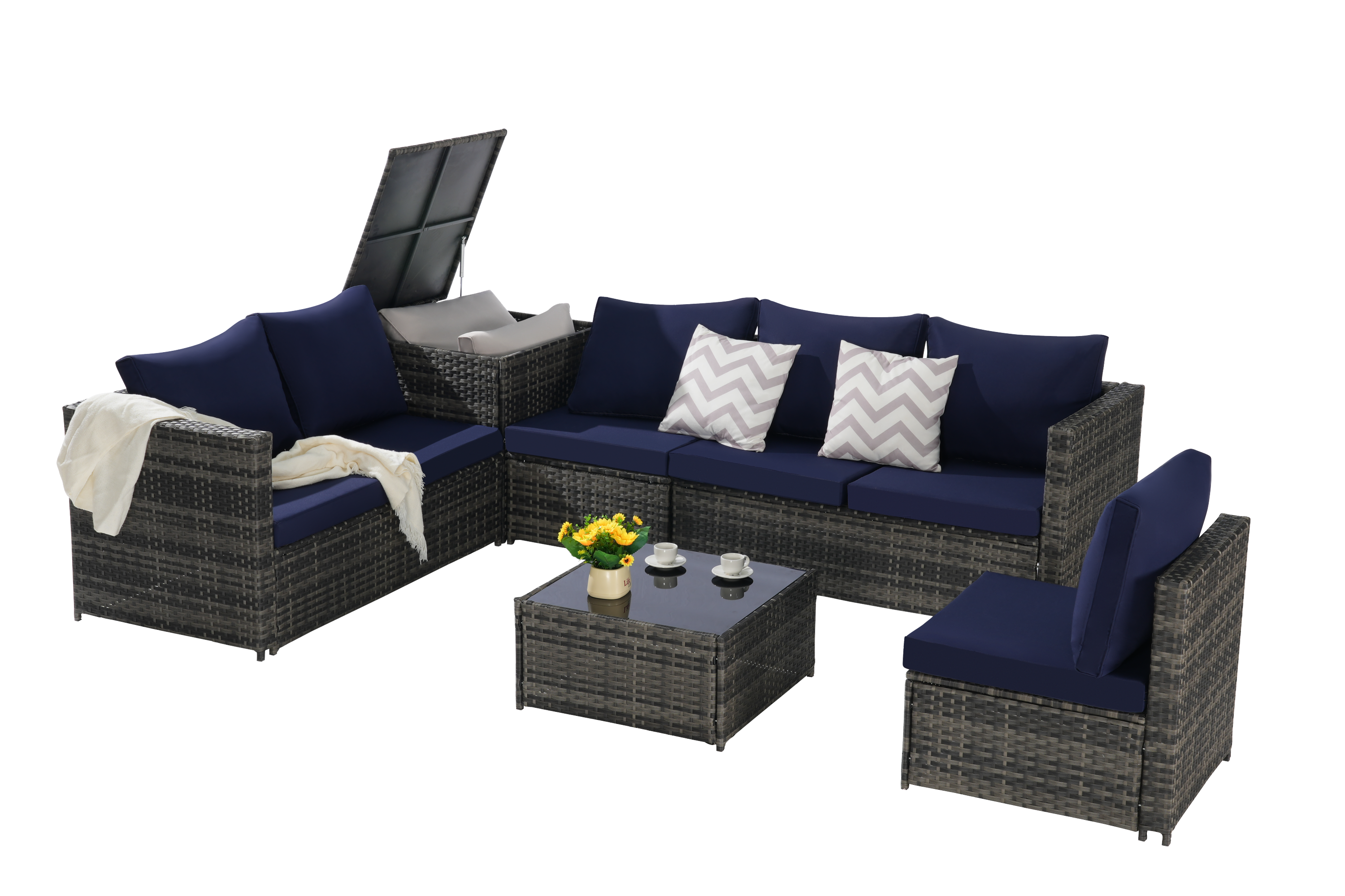 Outdoor Sectional Set PE Rattan Steel Dark Blue L-Shape 6 Piece Seats 8
