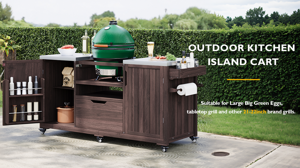 Outdoor Kitchen Island Grill Cart Fir Wood Stainless Steel 66.5