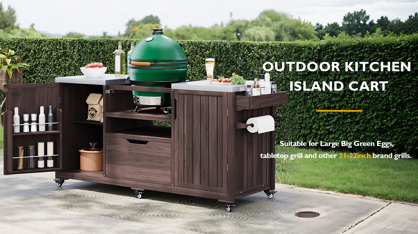Outdoor Kitchen Island Grill Cart Fir Wood Stainless Steel 66.5