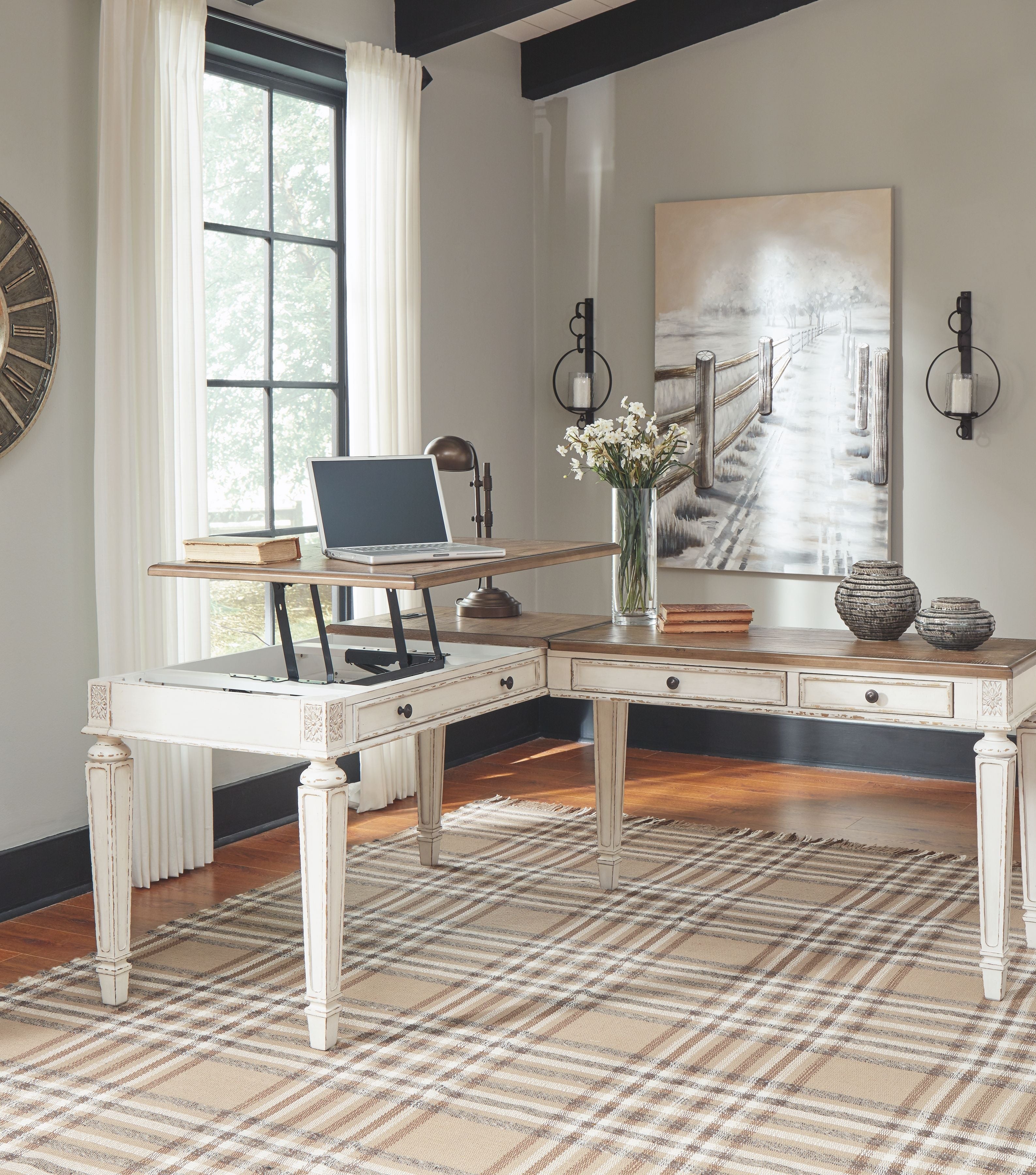 Realyn - Home Office Lift Top Desk - White / Brown