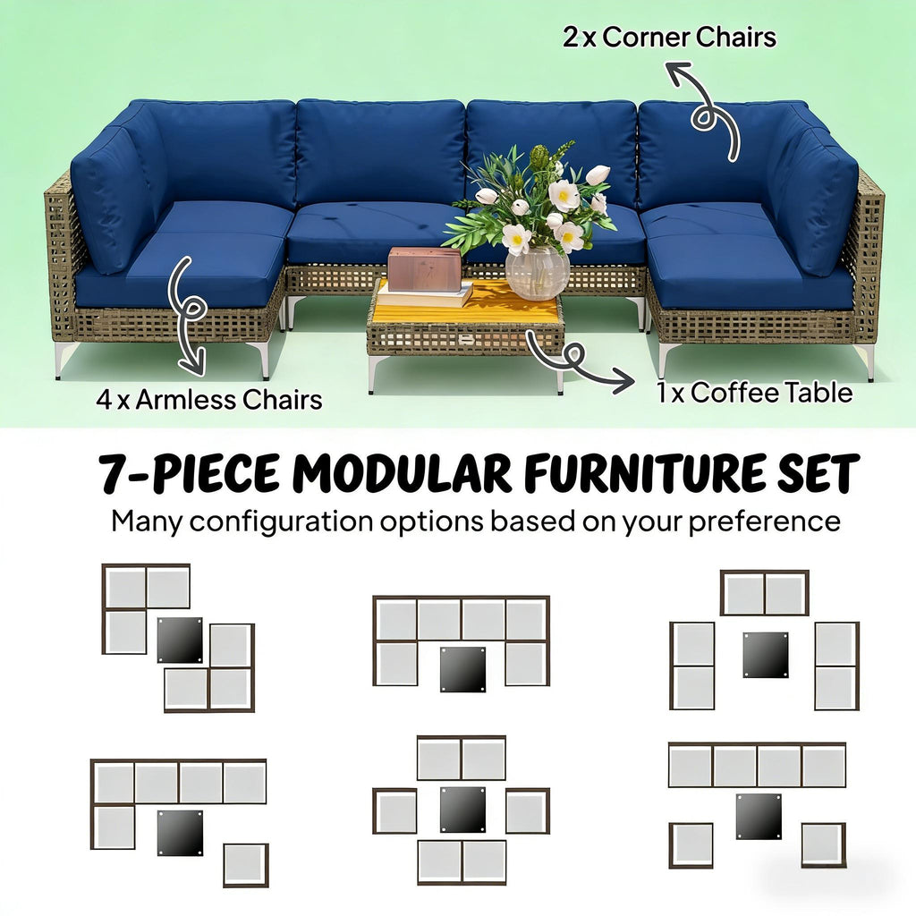 Outdoor Sectional Set Wicker Steel Acacia Wood Brown 7 Piece 352 LB