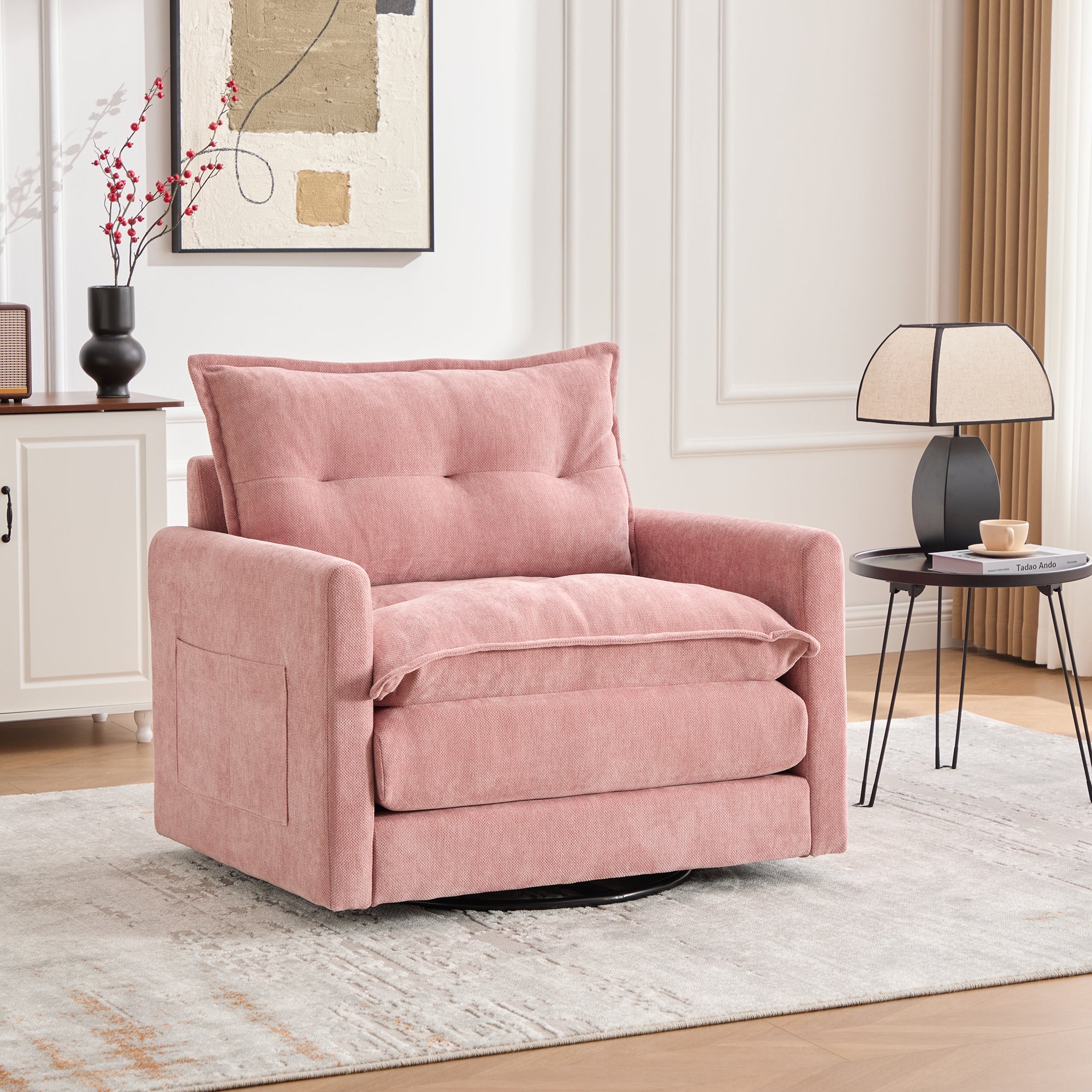 Accent Chair Swivel Barrel Chenille Pink Memory Foam