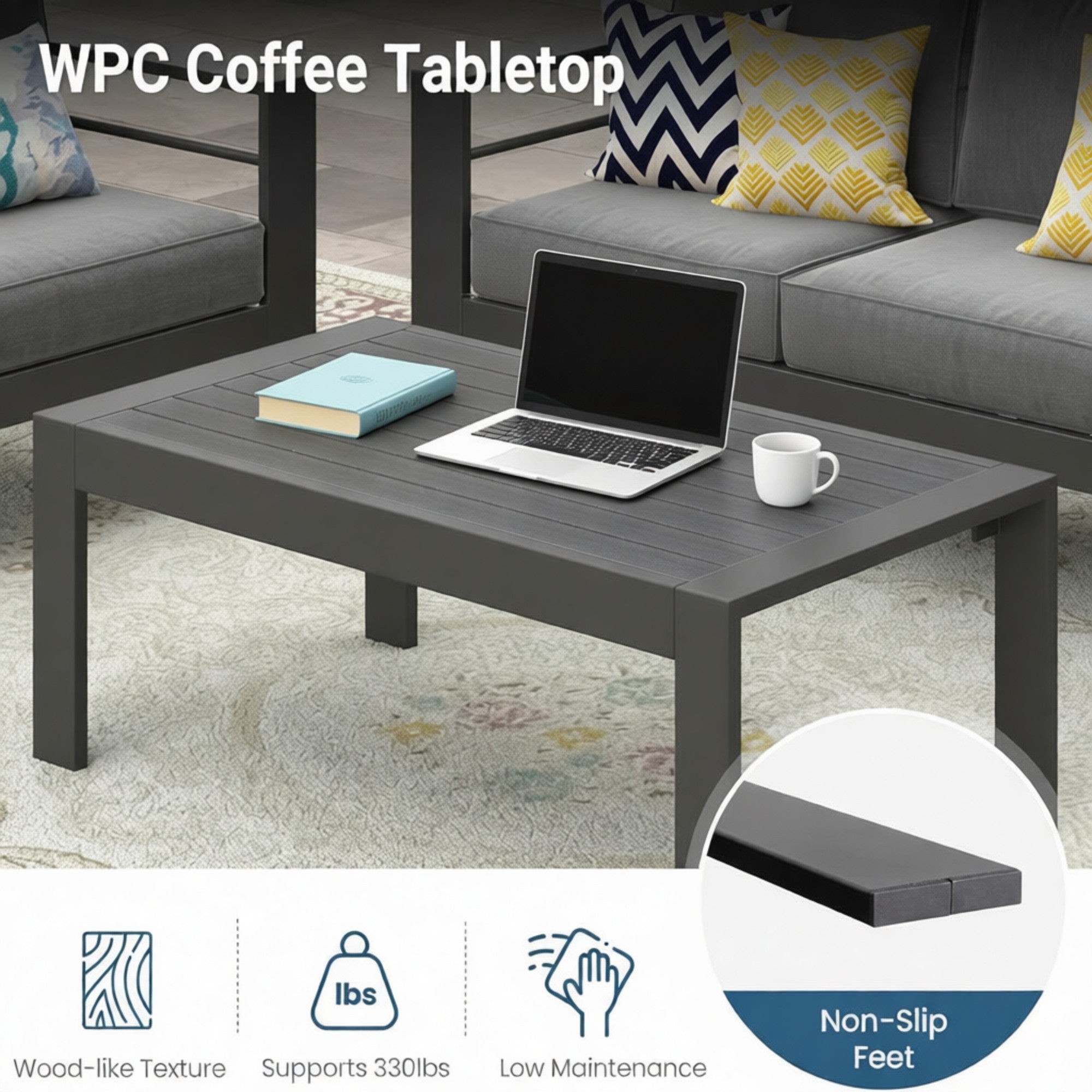 Outdoor Conversation Set 5 Seat Aluminum Gray Blue Cushion