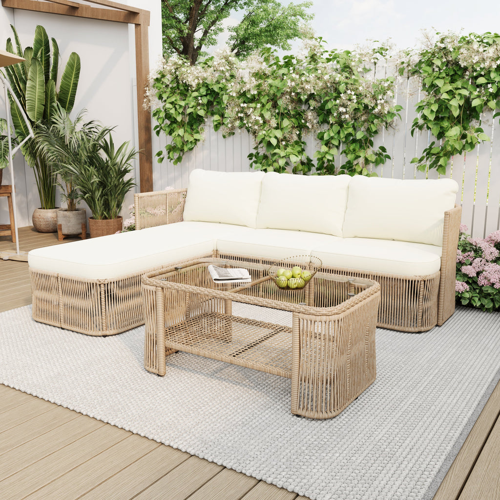 Outdoor Patio Set PE Rattan Iron Dark Beige Modular Glass Table