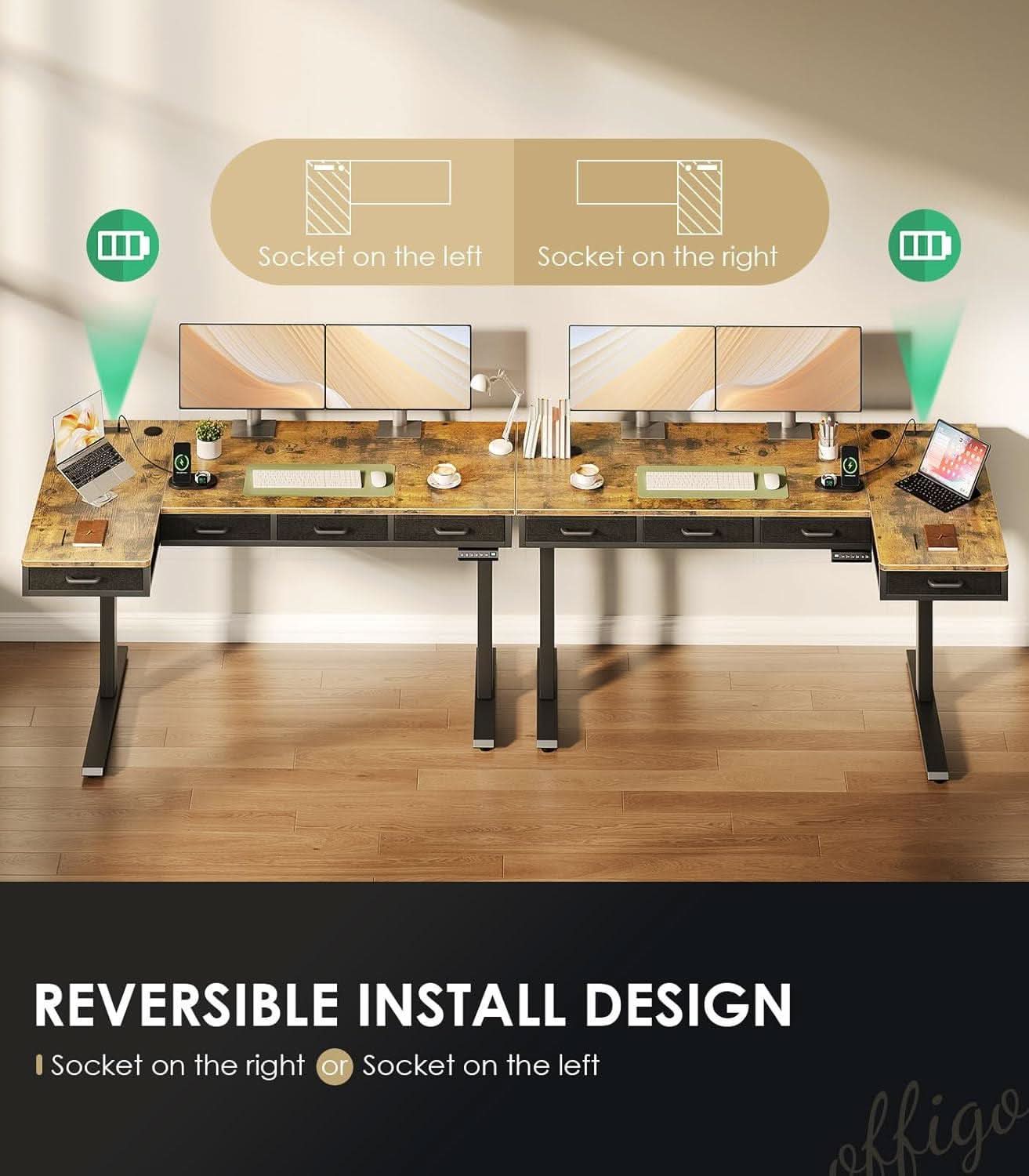 Sixty Three Inch L Shaped Electric Height Adjustable Desk Drawers