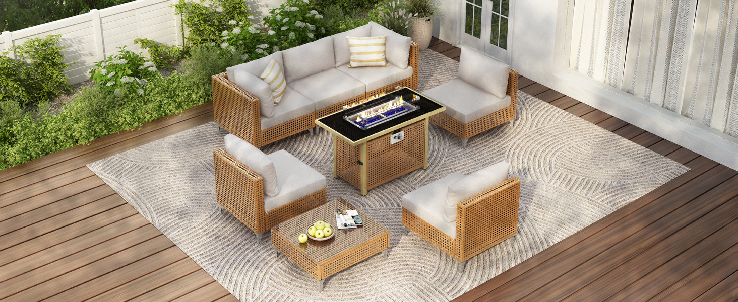 Outdoor Patio Set with Fire Pit Table Rattan Metal Beige 8 Piece