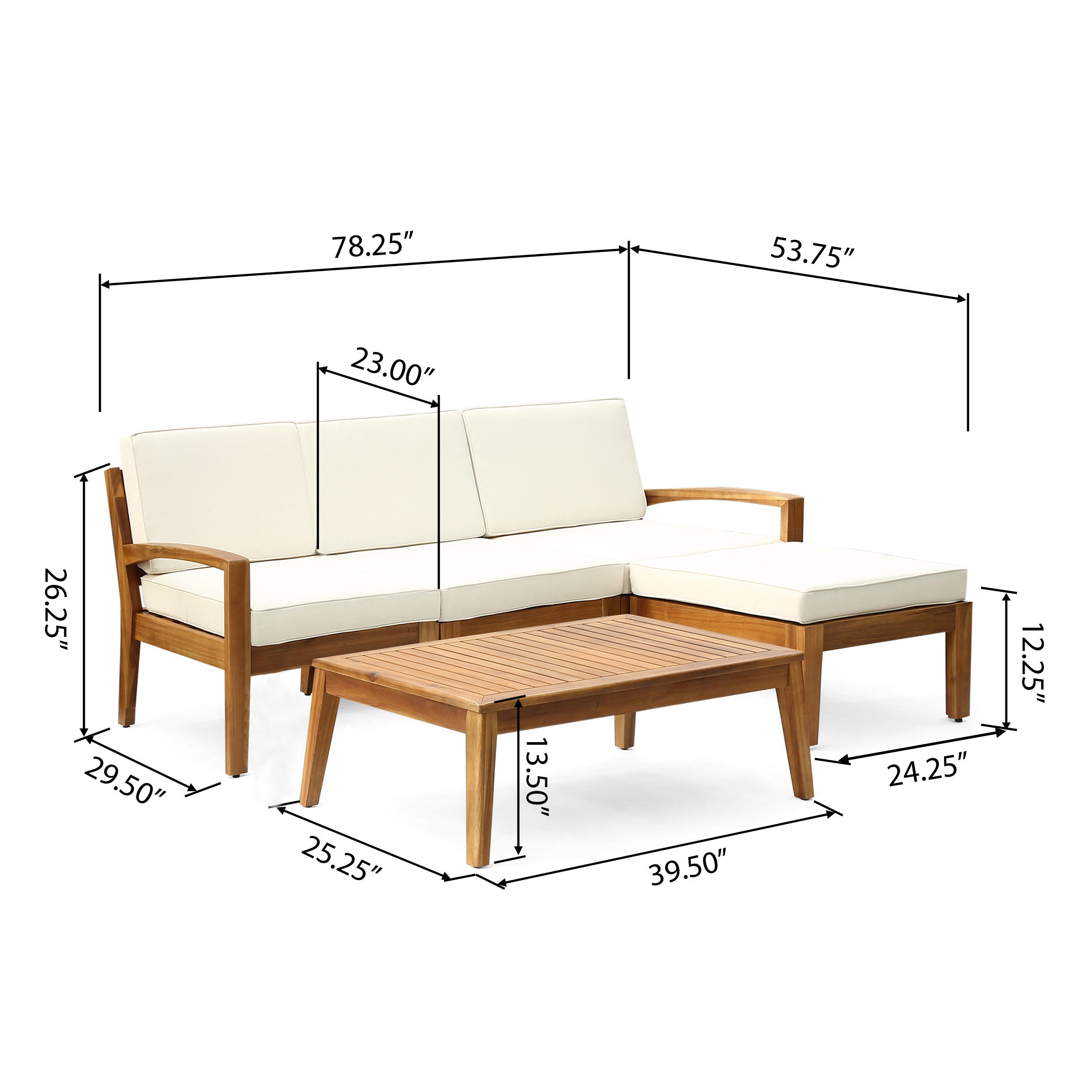 Outdoor Patio Set L-Shape Acacia Wood Teak Beige Cushions 3 Piece