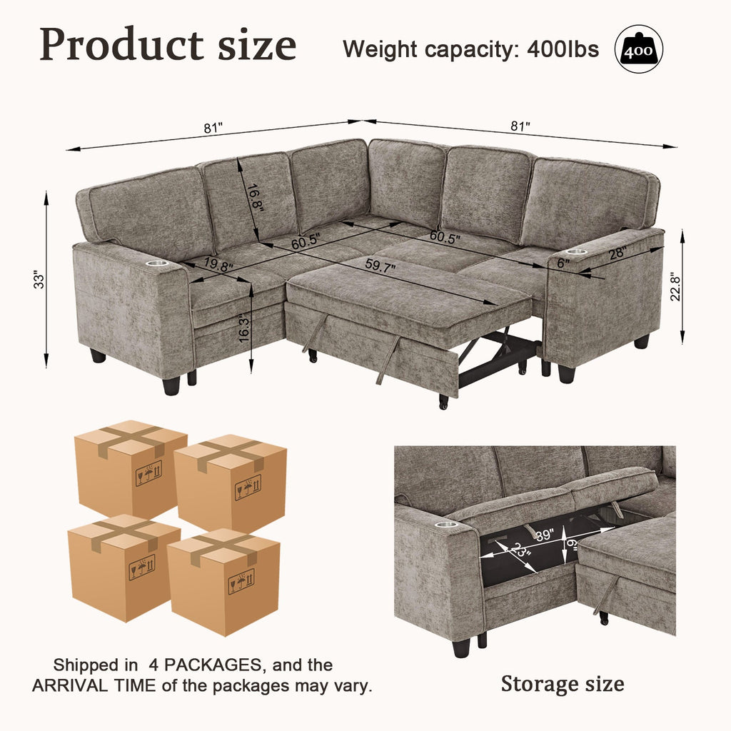 Sectional Sofa L-Shape Chenille Brown 5 Seat USB Ports Pull-Out 81 In