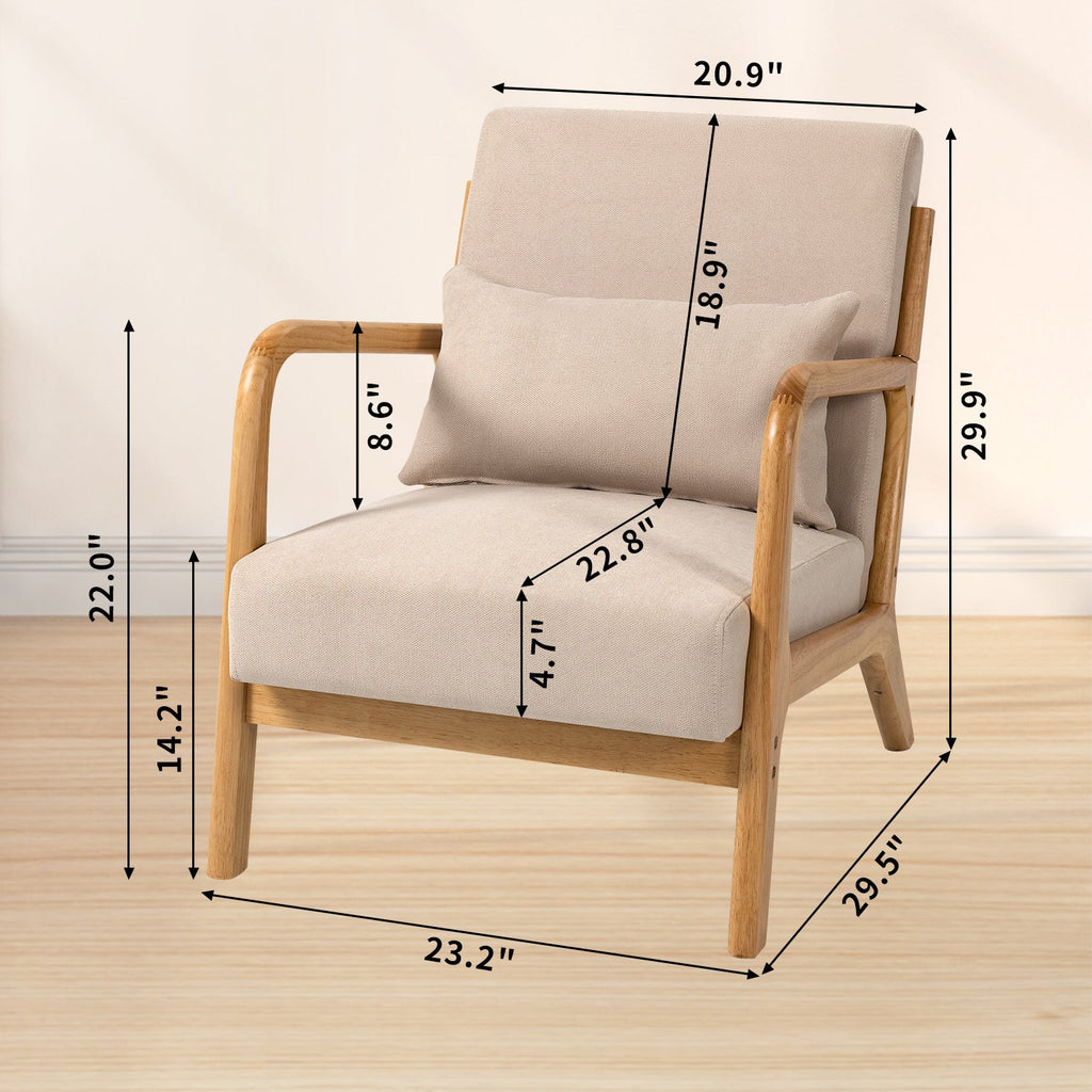 Accent Chair Mid-Century Linen Beige Solid Wood Arms and Legs 23x30x30 In