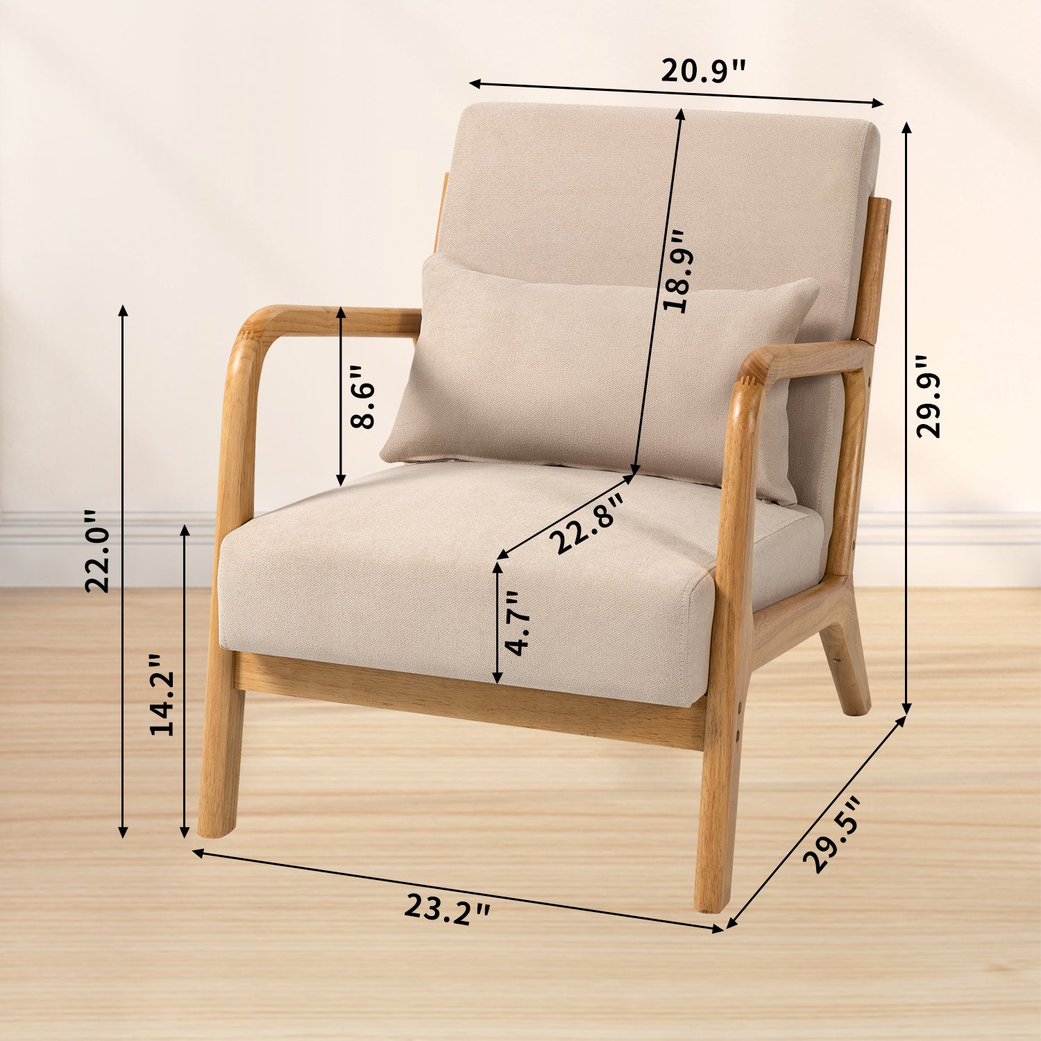 Accent Chair Mid-Century Linen Beige Solid Wood Arms and Legs 23x30x30 In