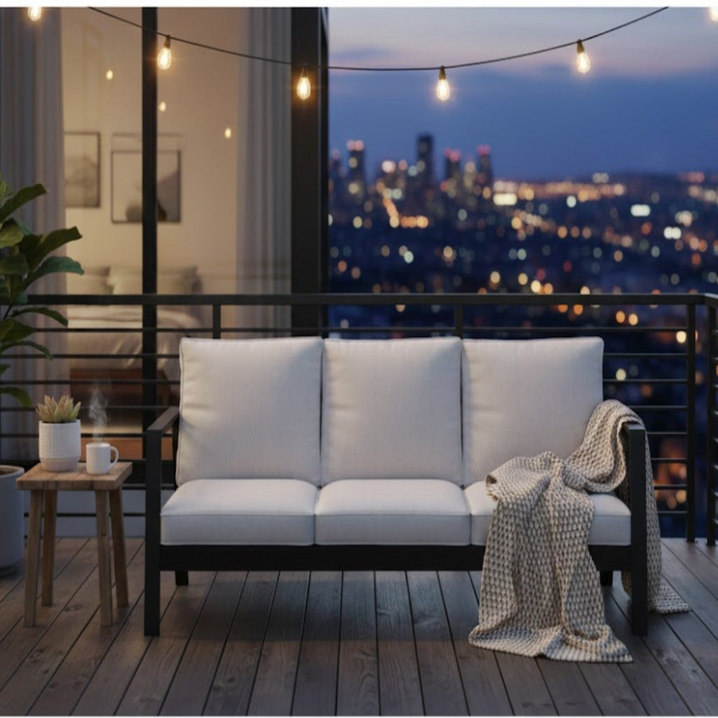 Outdoor Sofa Aluminum Black Light Gray Cushions 3 Seat 75in